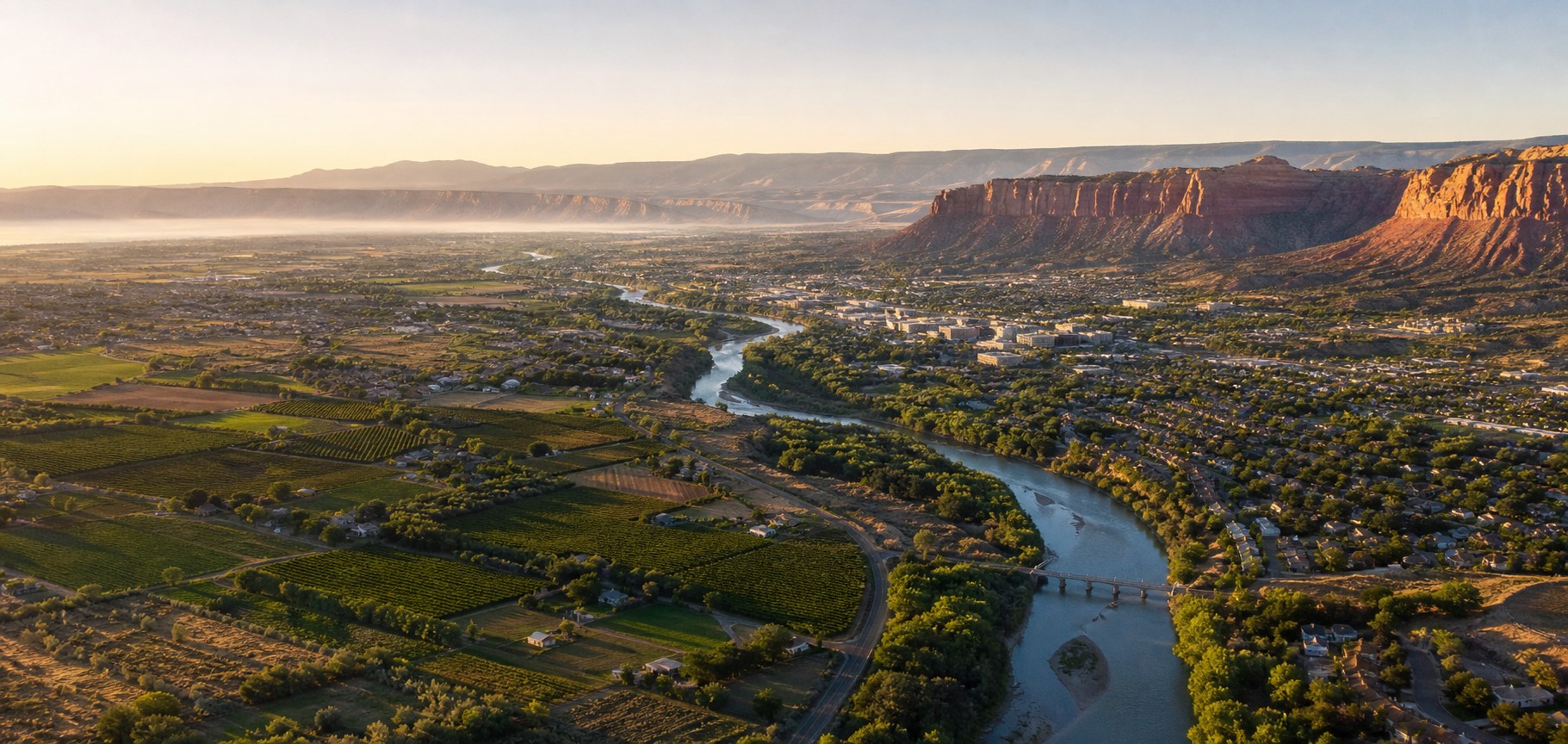 Elevated view across the Grand Valley with the Colorado River, green orchards, Grand Junction neighborhoods, and red-rock mesas